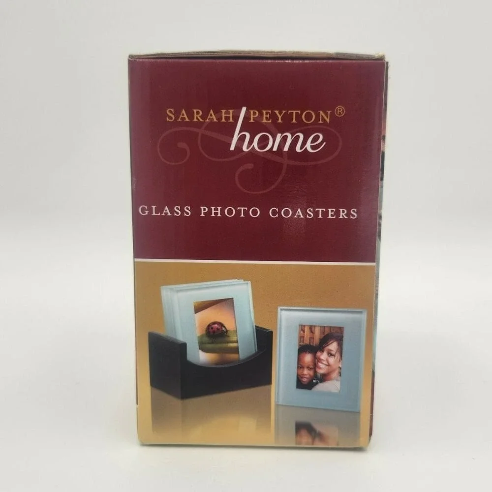 Set of 4 Frosted Glass Photo‎ Coasters with Wood Stand by Sarah Peyton Home
